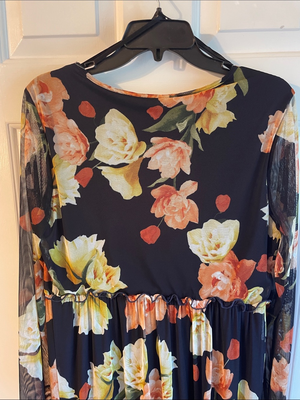Women’s Enfocus Women Navy Floral Tiered Maxi Dress with Peach and Yellow Blooms - Picture 4 of 4